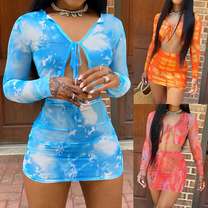 

Wholesale summer printed sexy club two piece women clothing skirt tops set