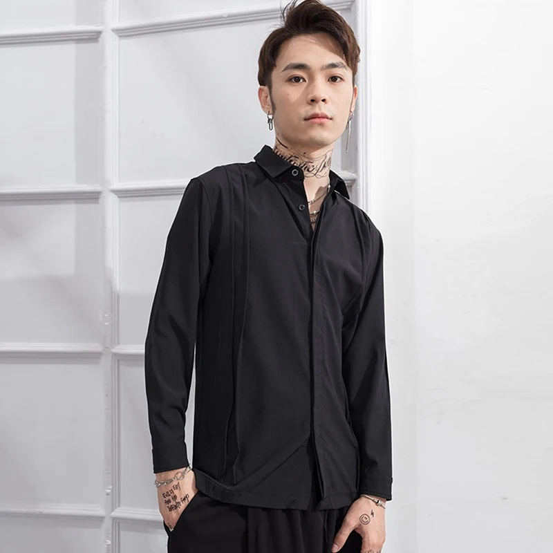 

Split hem Black High Street Style Black Long Sleeve Shirt New Men's shirt in spring and summer