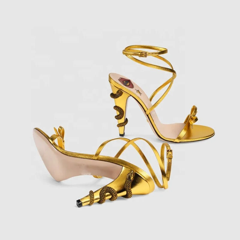 

Ins Show Style Thin High Heels Ankle Strap Open Toe Sandals Fashion Women Snake Heels Bow Sandals, Gold black green pink customzied