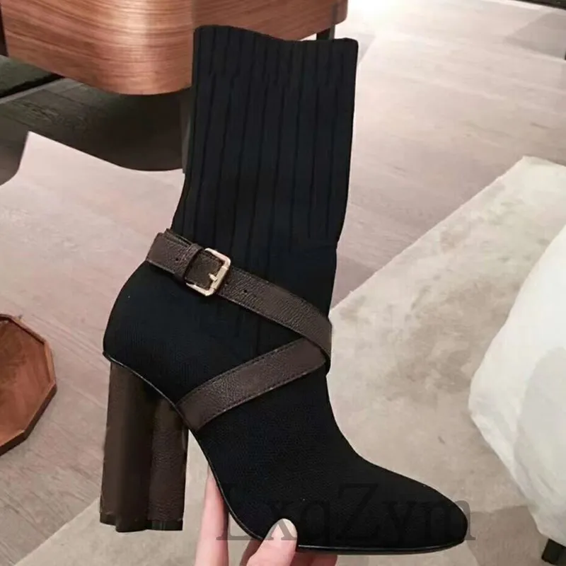 

Luxury Brand Design Fashion Buckle Decor Ankle Boots For Women Elastic Knitting Fabric Soft Comfort Socks Shoes Lady Party Heels
