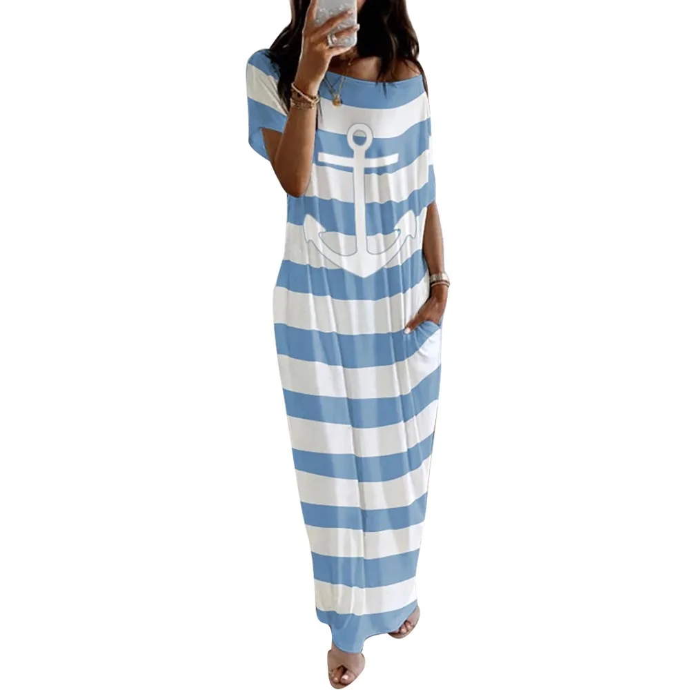 

New Arrival Custom strips printing One-line collar casual womens sexy dress
