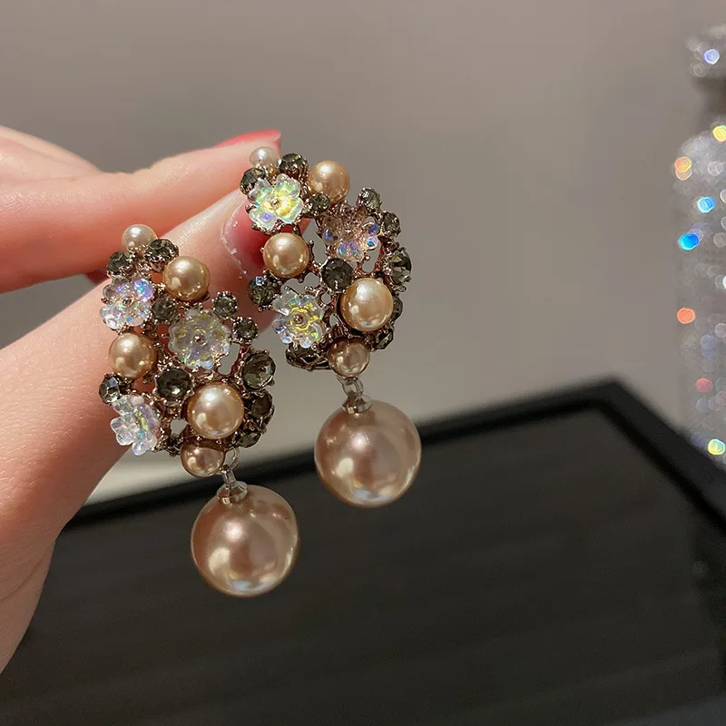 

new statement flowe drop pearl vintage earrings for women