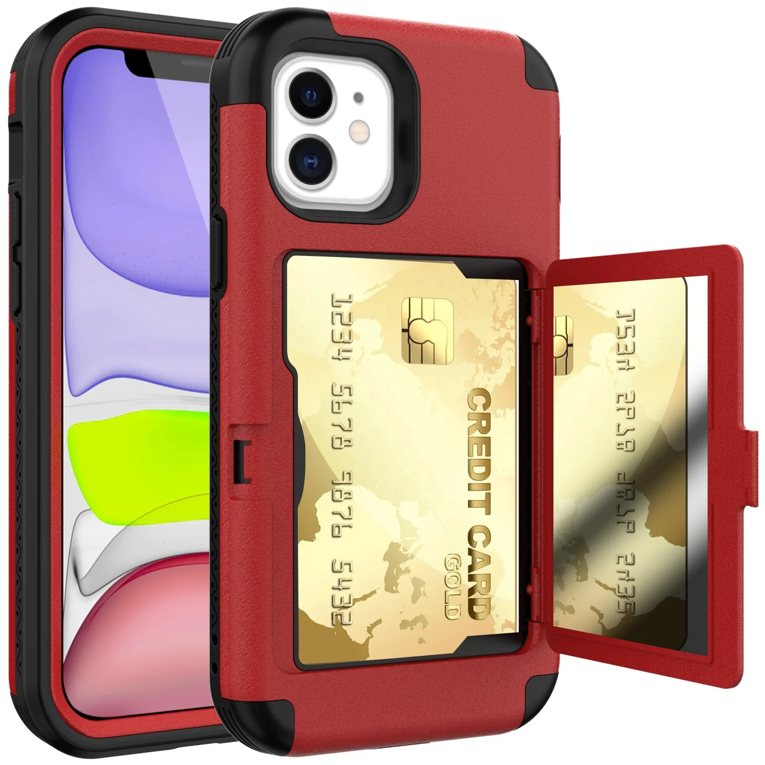 

For Iphone 12 Pro Max With Mirror Wallet Card Slot Holder Hidden Back Impact Protection Phone Case, Multi-color, can be customized