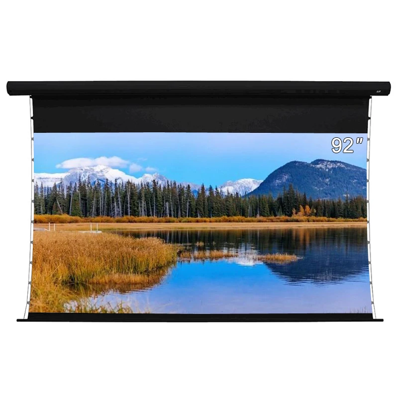 

92 inch Electric Tab-tensioned pull down Black Crystal ALR long throw Sound perforate Acoustically Transparent projector screen
