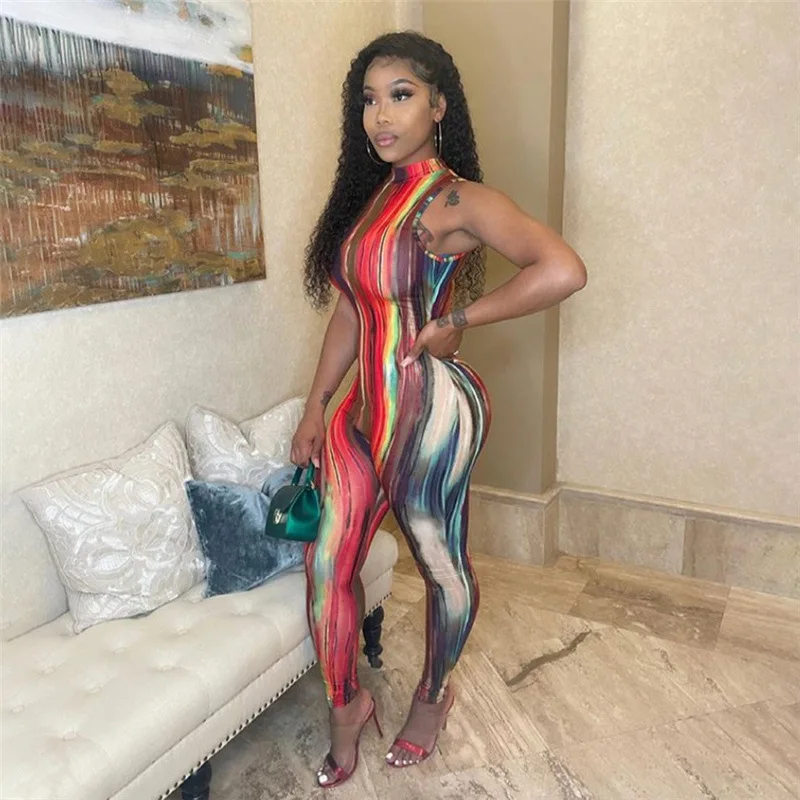 

Amazon Hot summer women's short jumpsuit tie-dye printed slim fit sleeveless o-neck jumpsuit and rompers for women