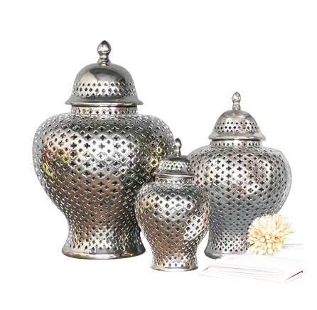 

Jingdezhen Decorative Porcelain Silver Hollow Out Ceramic Ginger Jar for Home Decor