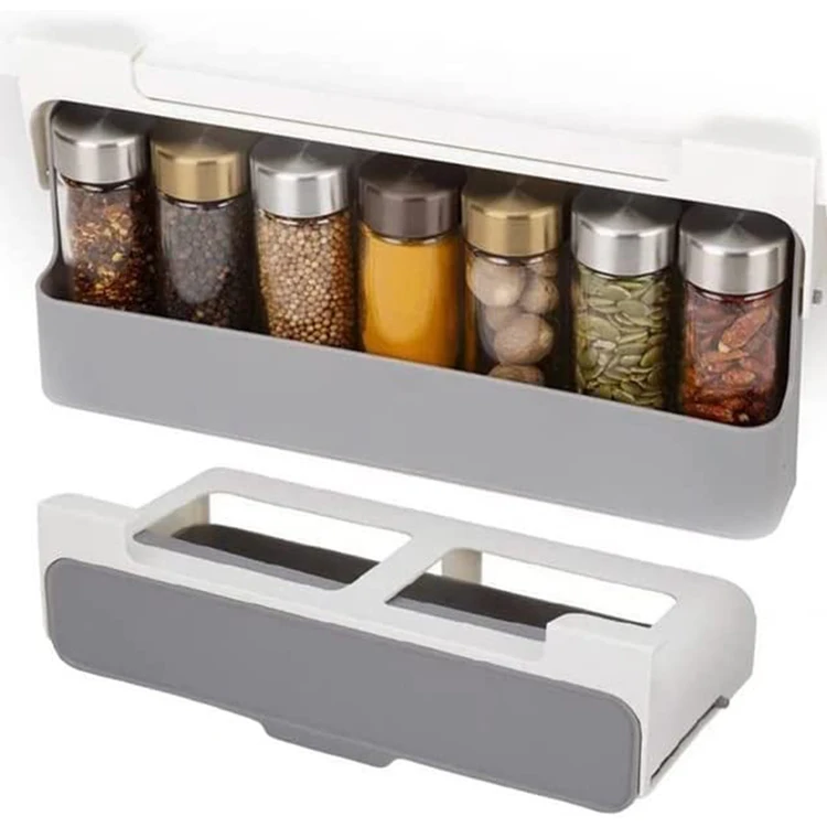 Plastic Wall Mounted Pull Out Drawer Spice Storage Holder Kitchen Self-adhesive Hanging Under-shelf Spice Organizer Rack