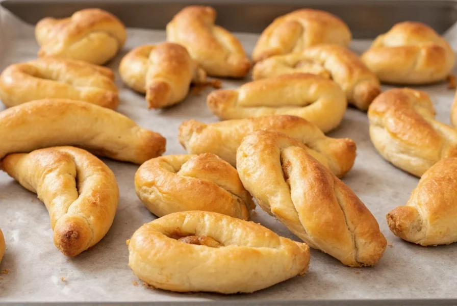 Homemade apple cinnamon straws on baking sheet with golden pastry and visible apple filling
