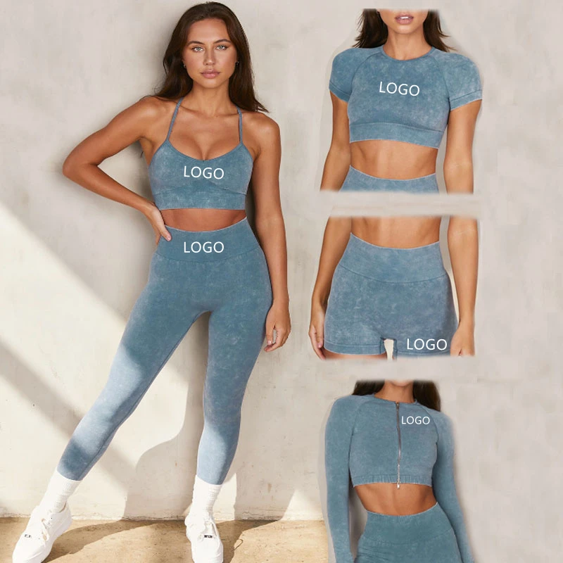 

2021 New 5 Piece Seamless Sand Washed Denim like Yoga Set Fitness Women's Activewear Zipper Crop Top Sports Bra Gym Outfits Sets, Accept customized colors