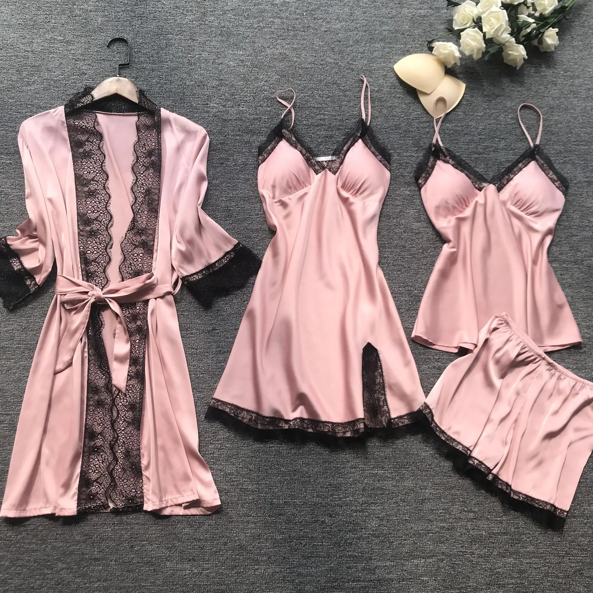 

night wear sexy women four pieces sets women summer homewear bridal robe silk bathrobe satin silk sleepwear, Purple pink red,black