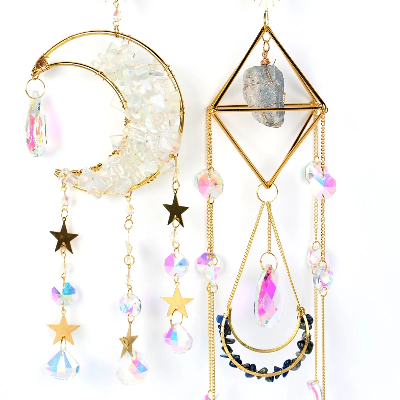 

Home Wall Hanging Decor Glass Crystal Chips Moon Sun Catcher Windchime Wind Chimes Charms Ornaments Metal Crafts Indoors Outdoor
