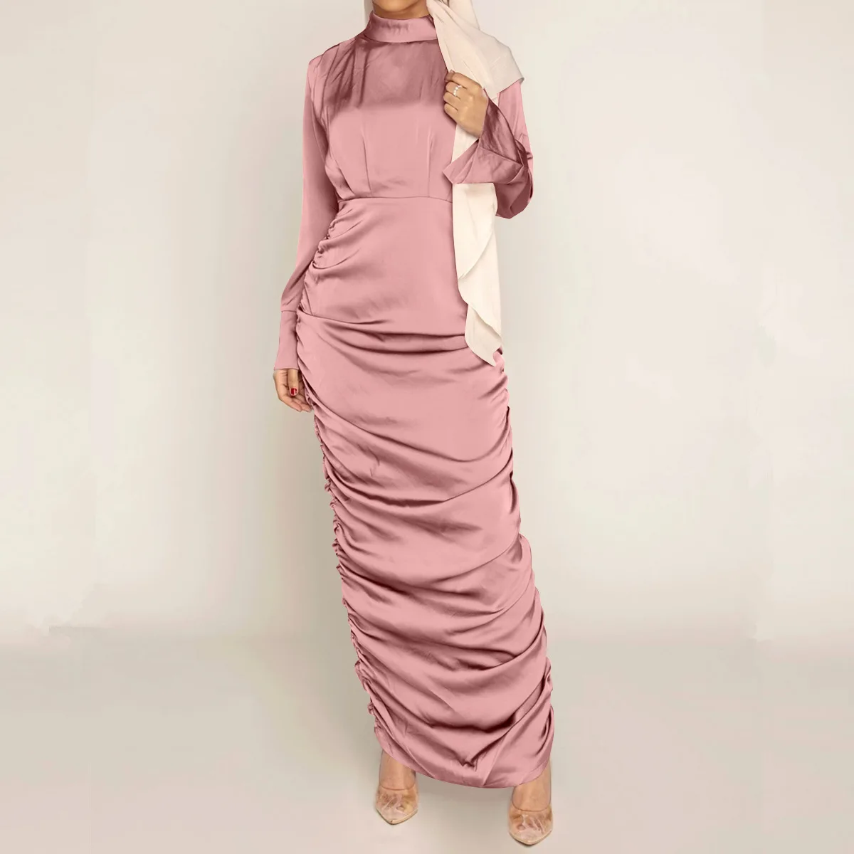 

1737MuslimQLO European and American Dubai satin dress long muslim dress abaya dubai best selling monsoon abaya women, 6 cloro