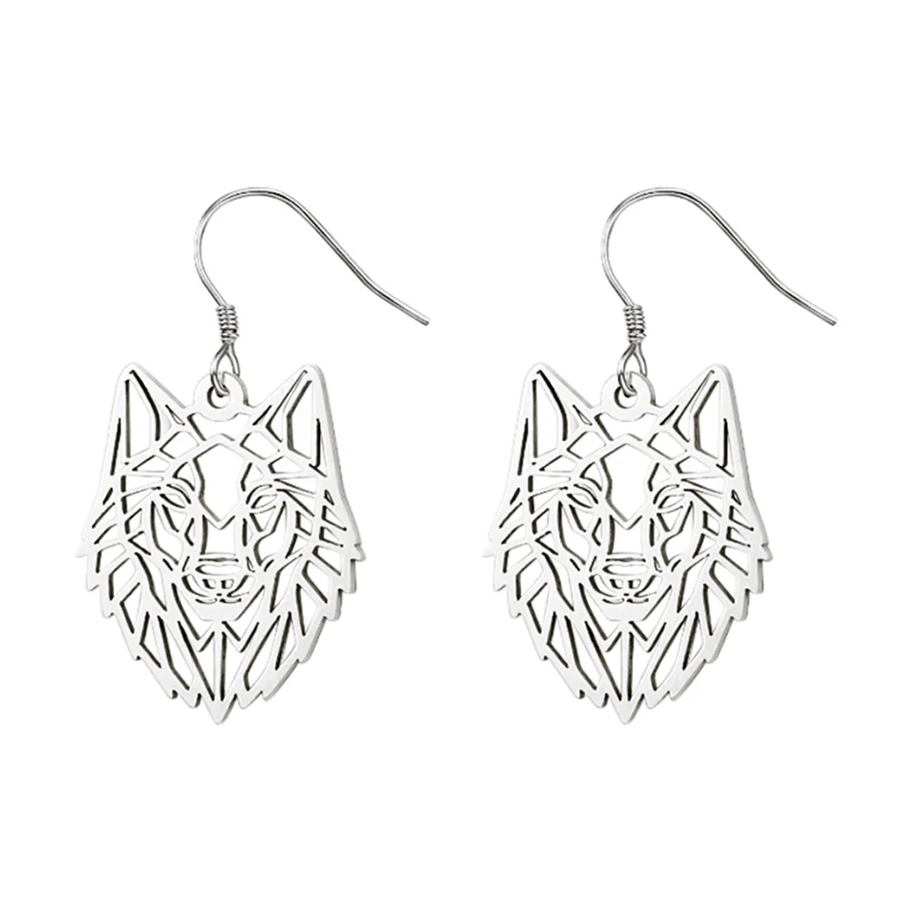 

Hip Hop Hollow Wolf Head Dangle Earrings For Women Silver Stainless Steel Statement Earrings Animal Jewelry