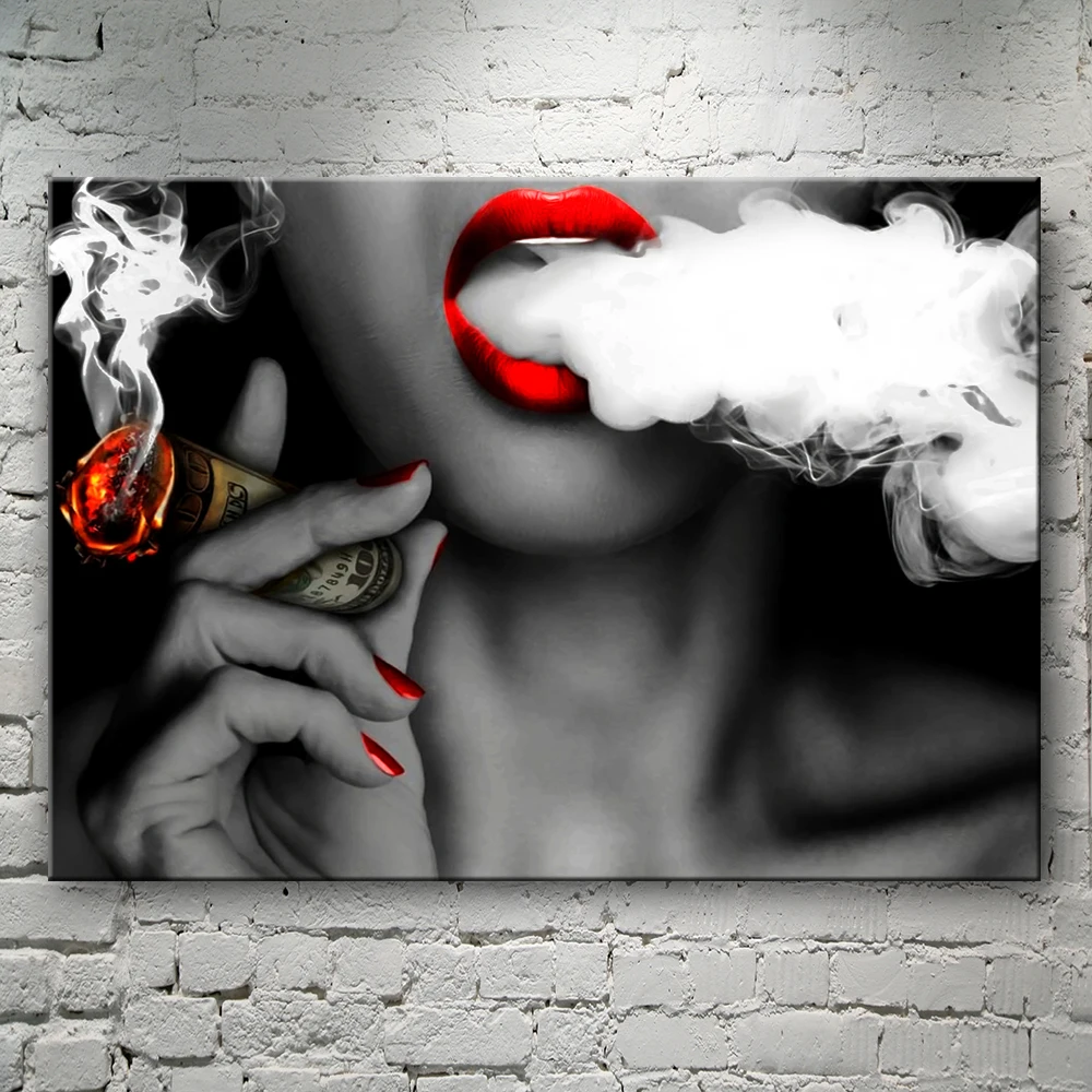 Modern Wall Art Sexy Red Lips Hot Women Smoking Dollar Canvas Painting ...