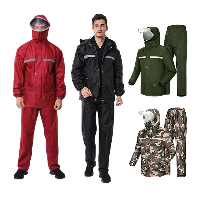 

Wholesale Adults army green black Motorcycle Overall Rain Coat And Pant Foldable Hooded Mens Waterproof Rain Suit, Blue/white/customized color