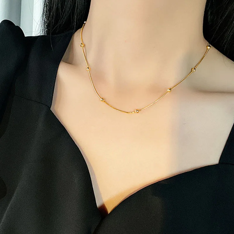 Simple Luxury Gold Lucky Knot Round Beads Snake Chains Stainless Steel Necklace For Women