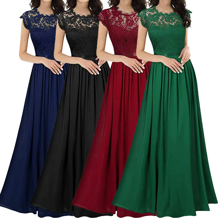 

New Chiffon stitching lace long dress bridesmaid evening dress solid color waist tuck sexy women's dress
