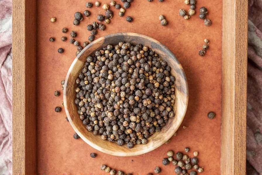 Glass jars of peppercorns stored in a kitchen cabinet