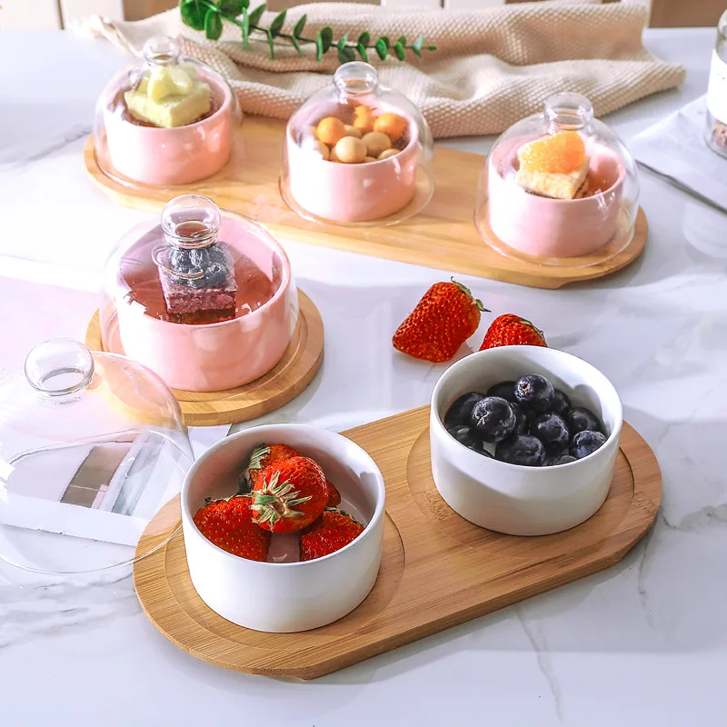 

Creative Glass Cover Household Snack Plate Dried Fruit Cake Plate Mixing Salad Bowls With Wooden Trays Set, Pink,white,deep green