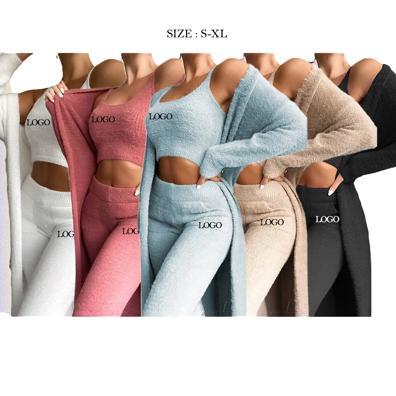

Winter Fall Women Pant Sets Sweater Pajamas For Women Set Cozy Lounge Wear Fuzzy Fleece Long Robe 3 Pieces Lounge Wear Sets, Picture shows