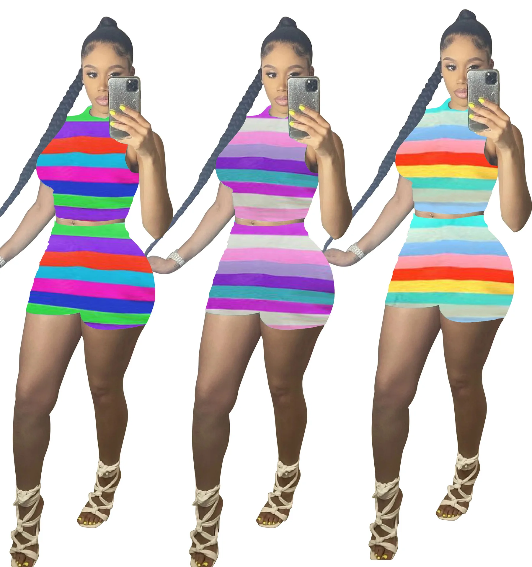 

Summer Fashion Ladies Casual Cute Sports Sleeveless Rainbow Vest Two-Piece