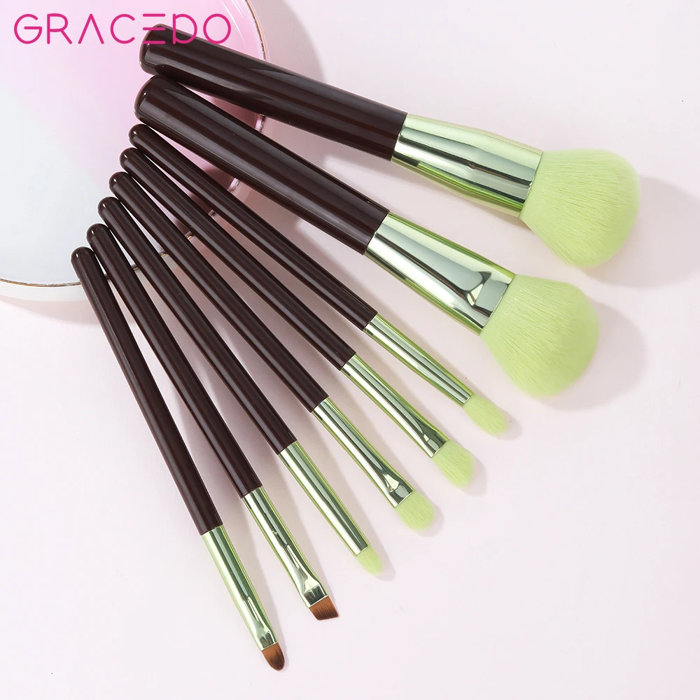 GRACEDO 8PCS Coffee Color Wood Handle Synthetic Fiber Hair Custom Logo Private Label Professional Luxury High Quality Face