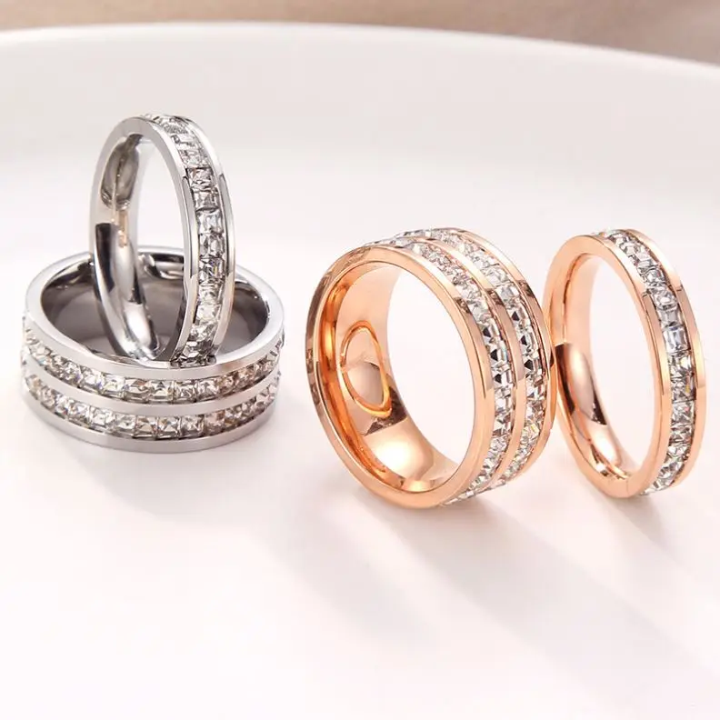 

18k rose gold plated titanium steel row ring girl contracted set auger ring For Couple, Silver color