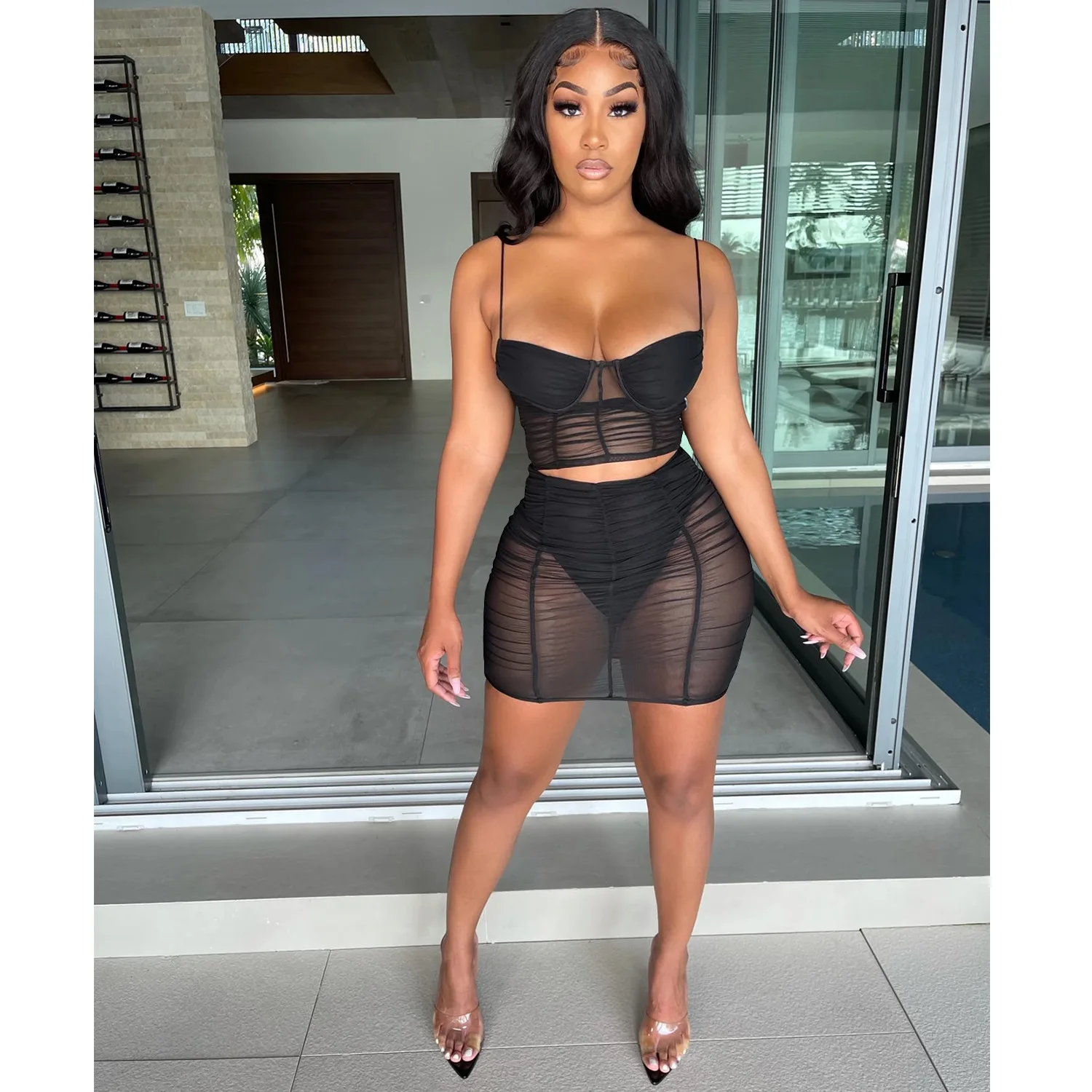 

2021 New arrivals fashion Sexy sling pure color milk silk mesh see-through bag hip skirt skirt and shirt set girls skirt set