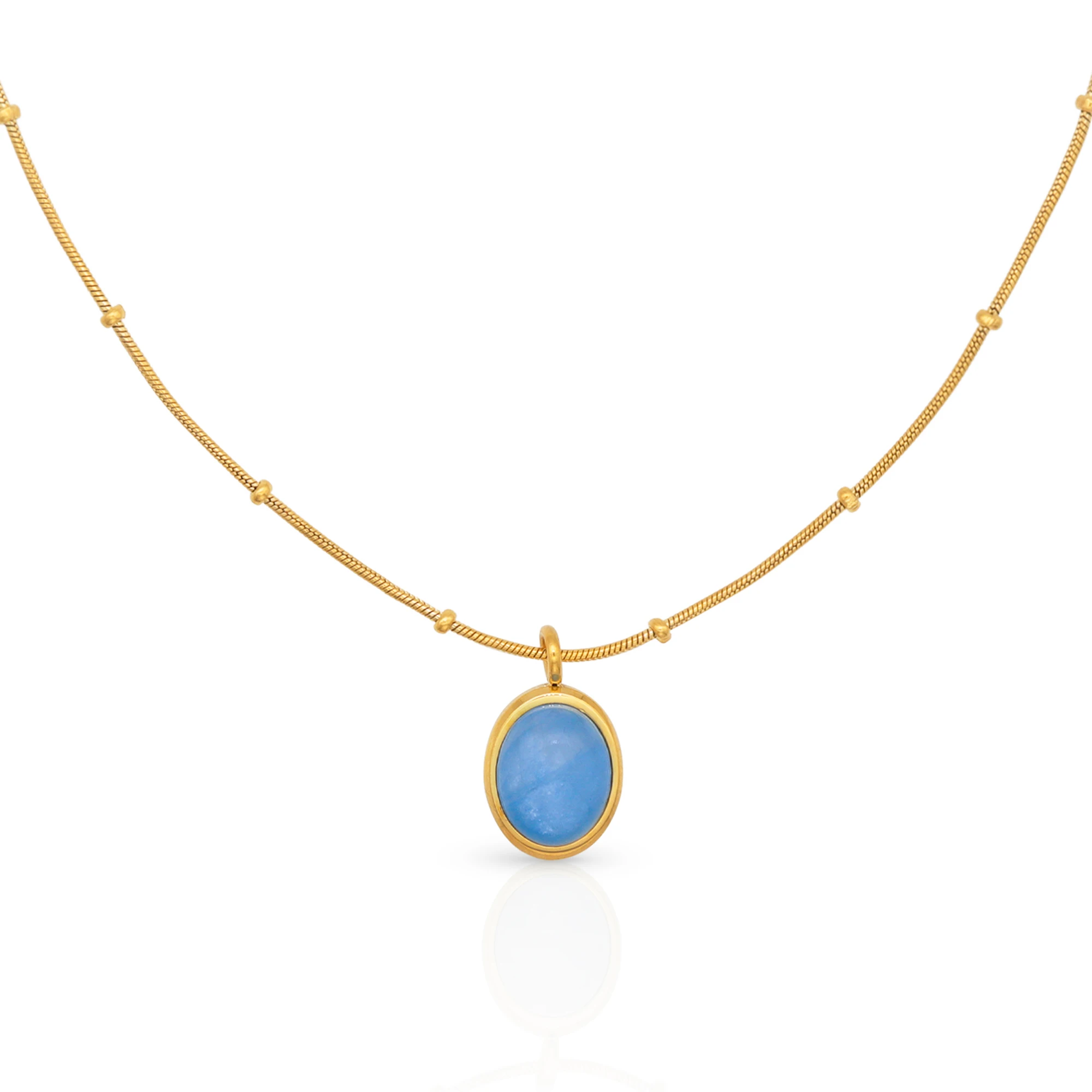 

Chris April in stock PVD gold plated 316L stainless steel Minimalist Blue oval aquamarine pendant necklaces with snake chain