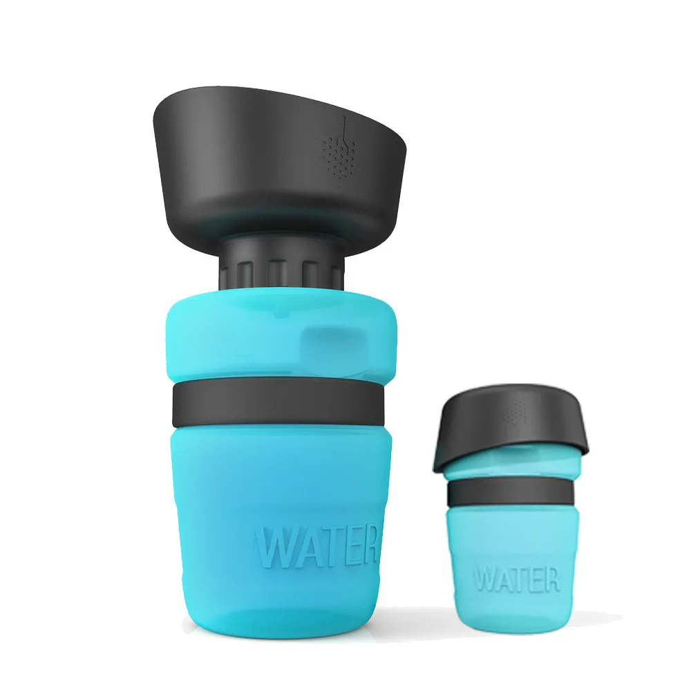 

Sky blue sports drinking water bottle squeeze type accompanying cup outdoor portable travel water bottle dog cat waterer
