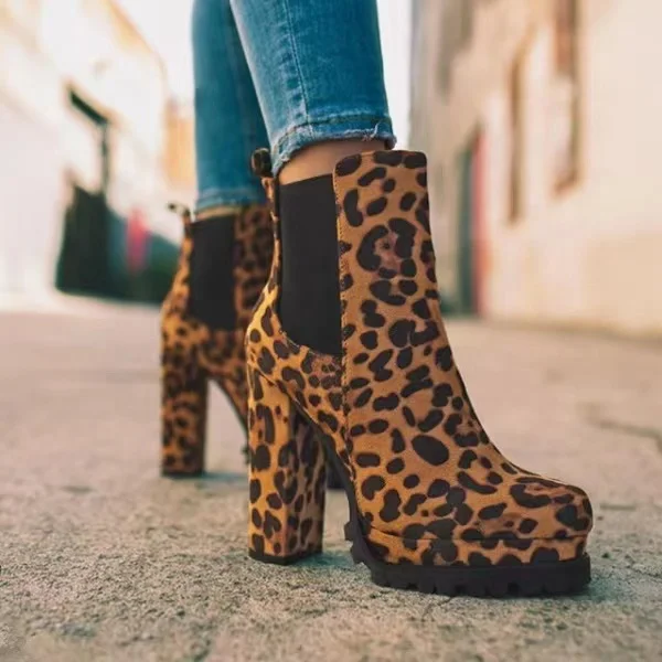 

Ladies Leopard Print Booties Point Toe Women Block High Heel Ankle Boots, Black, wine red, brown
