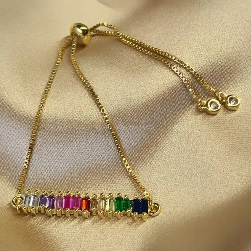 

Multicolor Crystal Rhinestone Gemstone CZ Beads 18K Gold Plated Brass Chain Adjustable Rainbow Baguette Bracelets Gift for Her