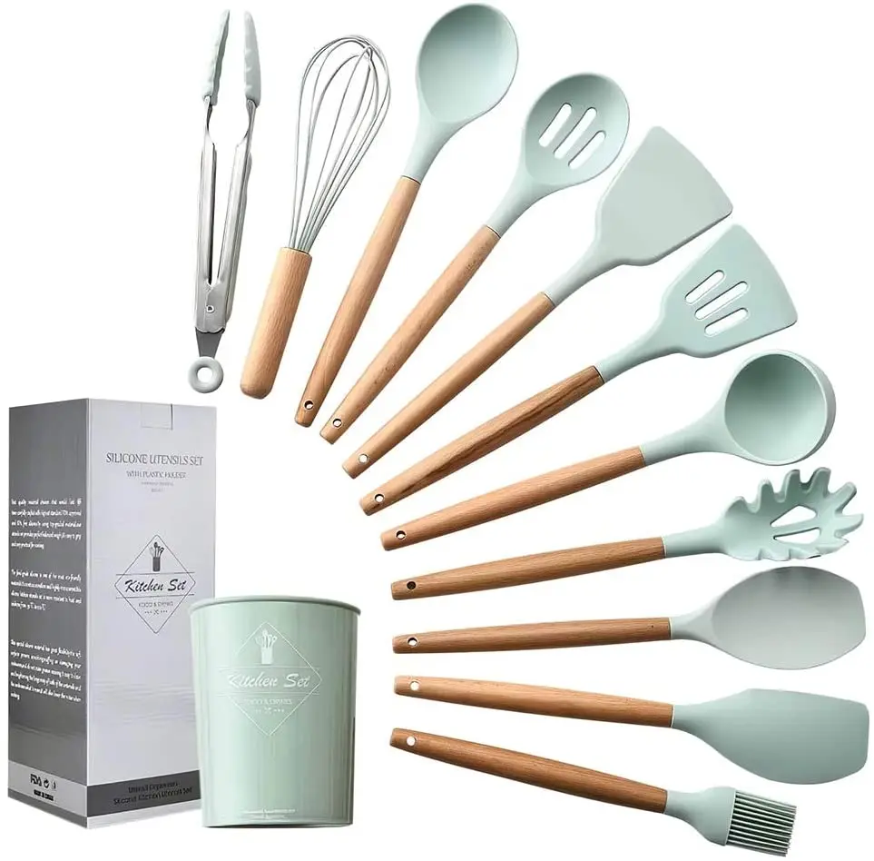 

Amazon Non-stick cooking tools utensil set, kitchen accessories 12 pcs silicone kitchen utensils set with wood handle, Customized color