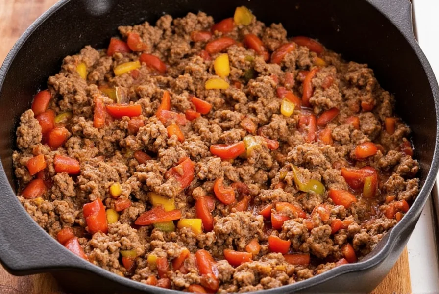 Keto no carb chili in a cast iron pot with ground beef, bell peppers, and spices