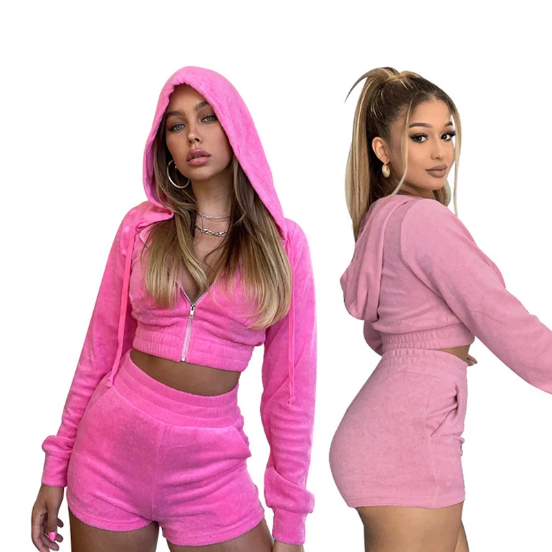 

A100 Sexy ladies 2 piece short set outfits women solid color crop top and shorts outdoor running clothing two pieces velvet set, Grey, brown, pink, light pink, khaki