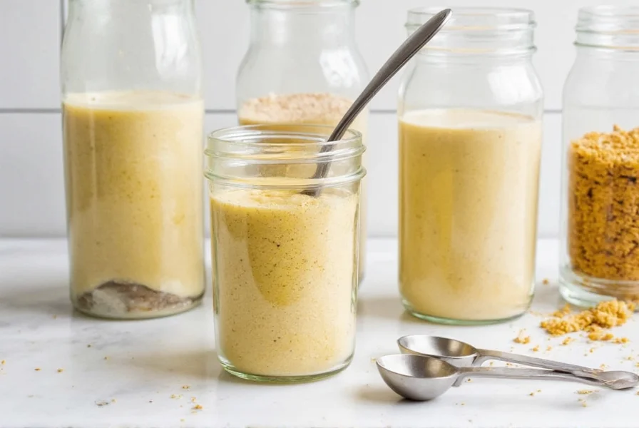 Mélange de poudre de moutarde avec différents liquides dans des bocaux