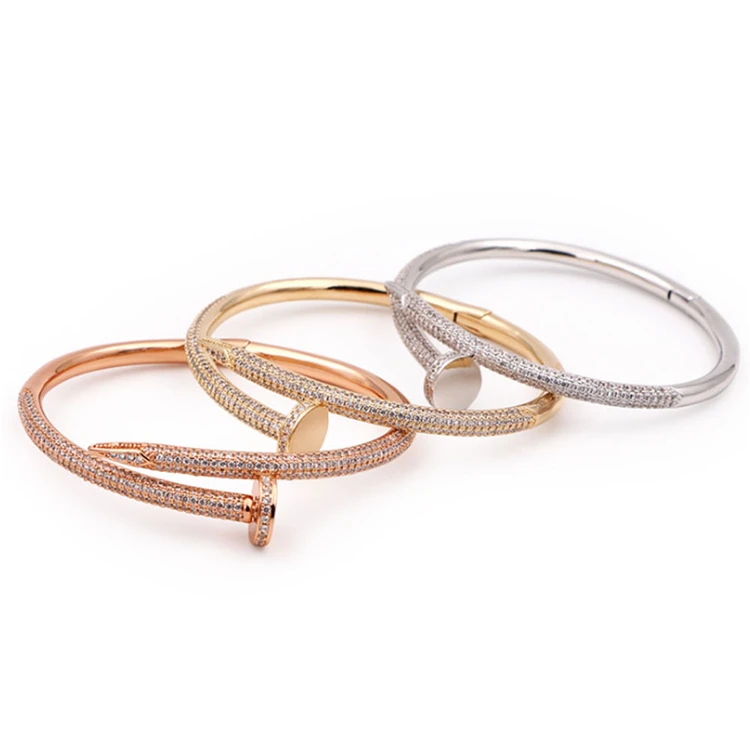

Luxury 18K Gold Silver Plated Nail Bracelet Bangle Glitter Bling Crystal Cubic Zirconia CZ Nail Shaped Hip Hop Bracelet