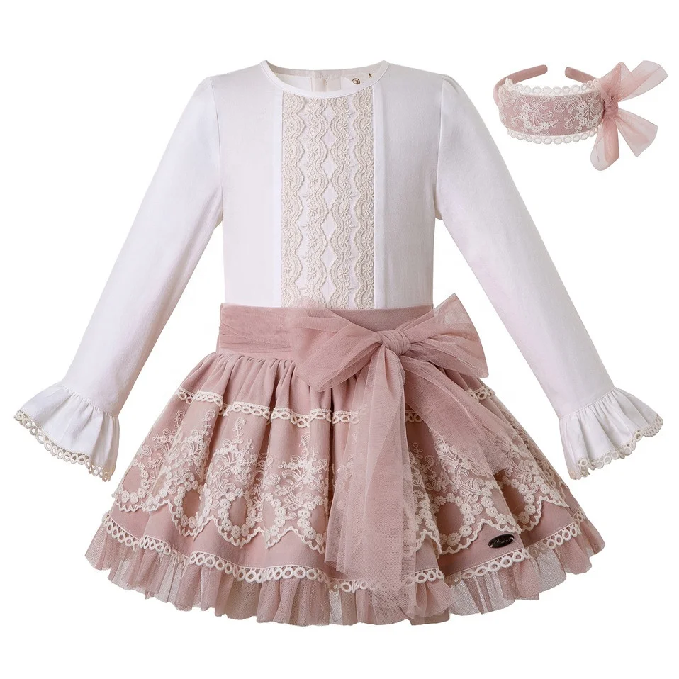 

OEM 2021 Pettigirl Valentines Outfits in Children Casual Lace Vintage Dresses with Headband Wholesale Boutique Clothing
