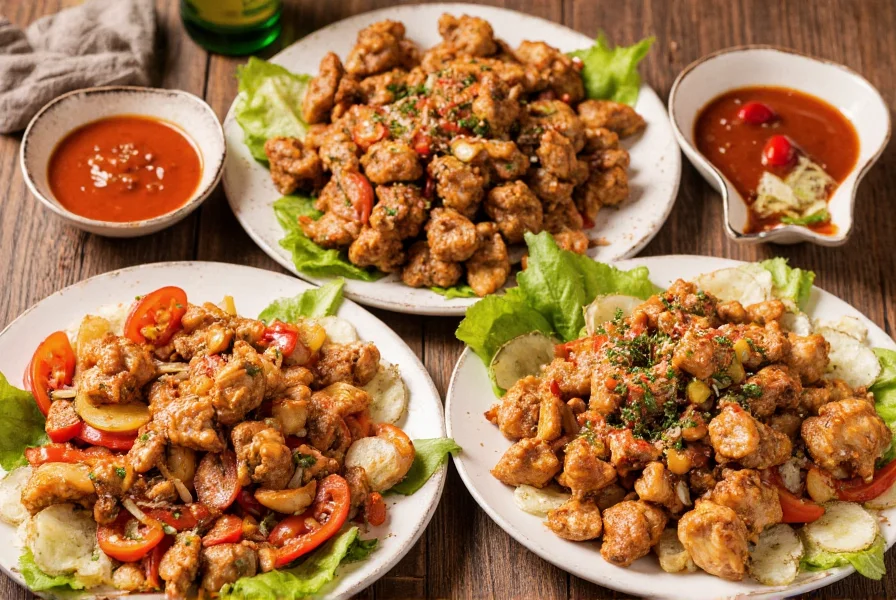Different regional variations of salt and chilli pepper chicken on multiple plates