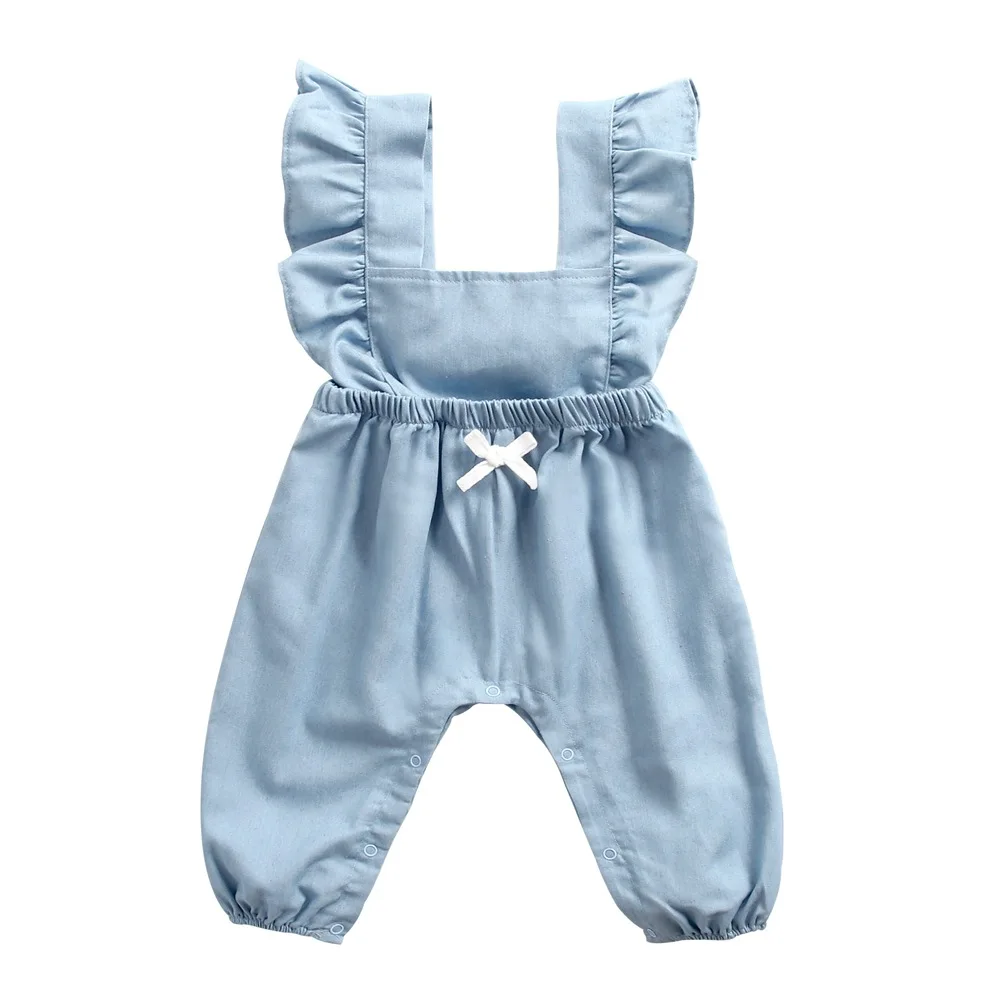 

0-3T Baby Girl Denim Cotton Jumpsuit Spring Summer Kids Toddler sleeveless Overalls rompers with bow
