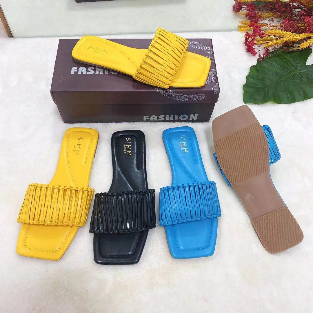 

2021 Summer Ladies Fashion Slippers PU Leather Weave Women Square Toe Slipper Women's Casual Beach Shoes Female
