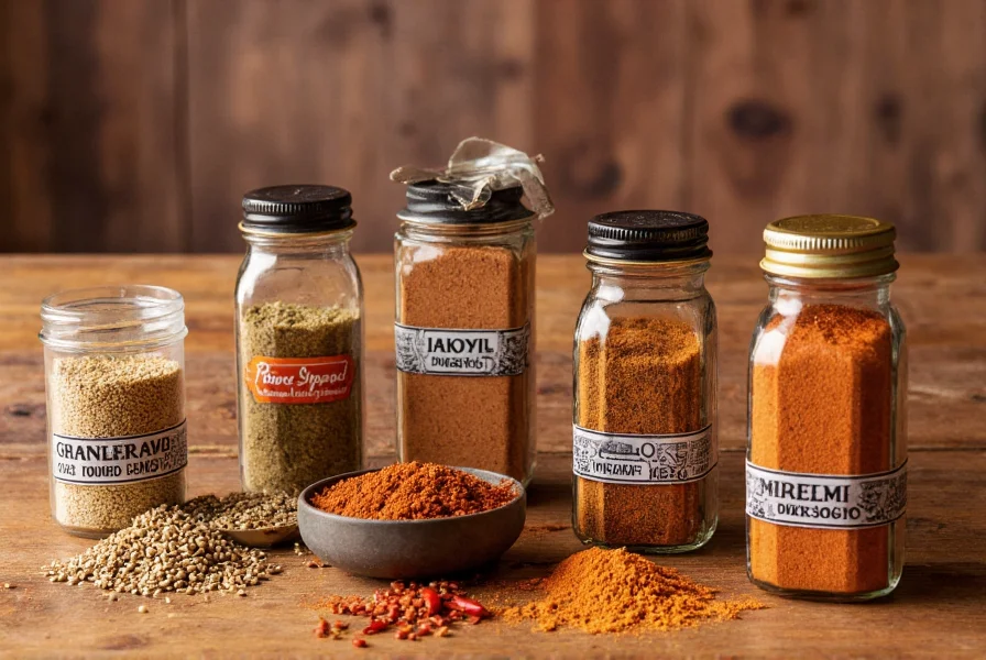 Various spice jars including cumin seeds, ground cumin, chili powder, and garam masala arranged on wooden table