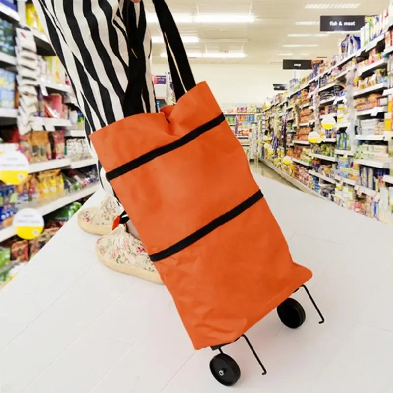 

Reusable Nylon Durable Portable Tote Foldable Tug Bag Hide Wheeled Cart Collapsible Shopping Trolley Bag, Green /orange