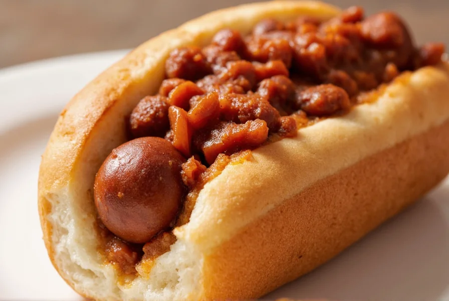 Close-up of Ben's Chili Bowl signature half-smoke with chili topping on a white plate, showing the distinctive texture of the chili and the smoked sausage