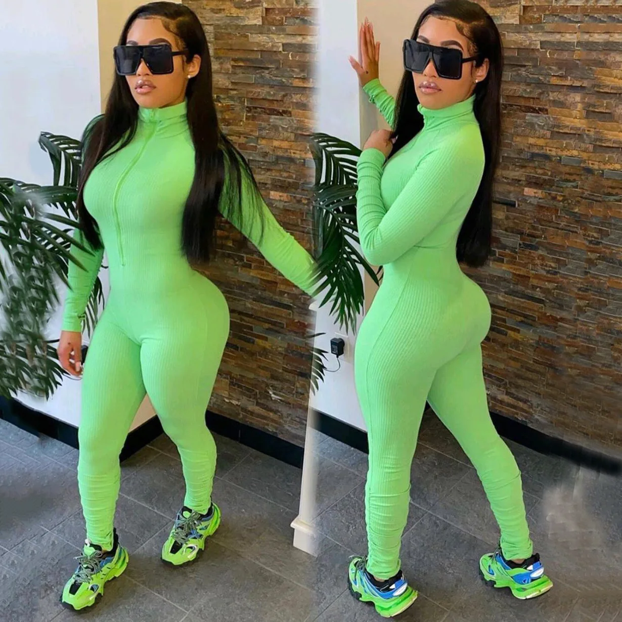 

Stacked Leggings Pant Female Zipper Push Up Turtleneck Stacked Bodysuits Thumb Up Stacked women jumpsuits and rompers, As pictures