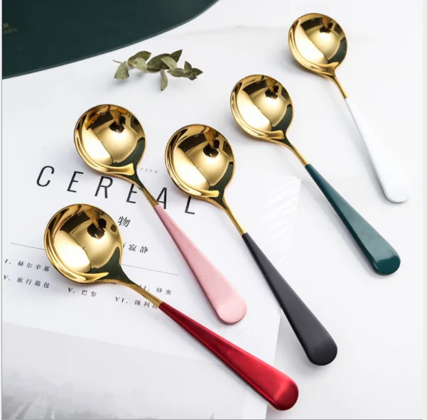 

Wholesale Colourful Stainless Steel Fashion Small Round Spoon Colorful Handle Korean Style Spoon