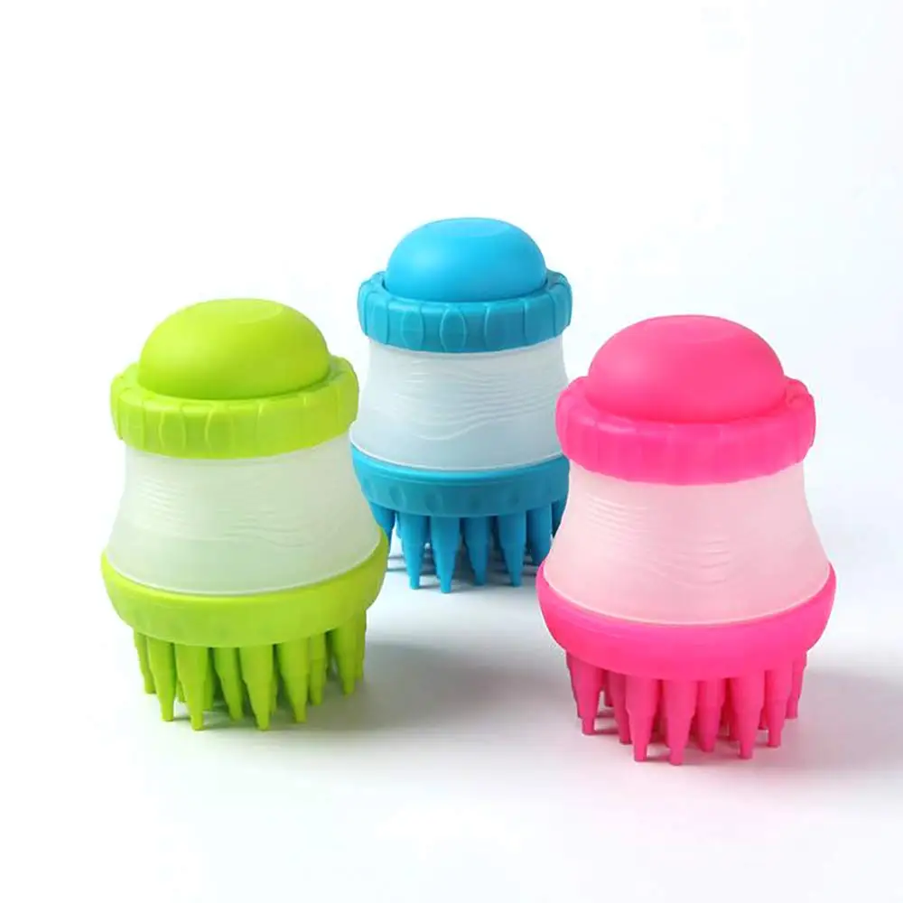 

Pet Dog Cat Bath Massage Brush Pet Scrubber Shampoo Dispenser Silicone Brush Pet Cleaning Device Washer Bath, As photo