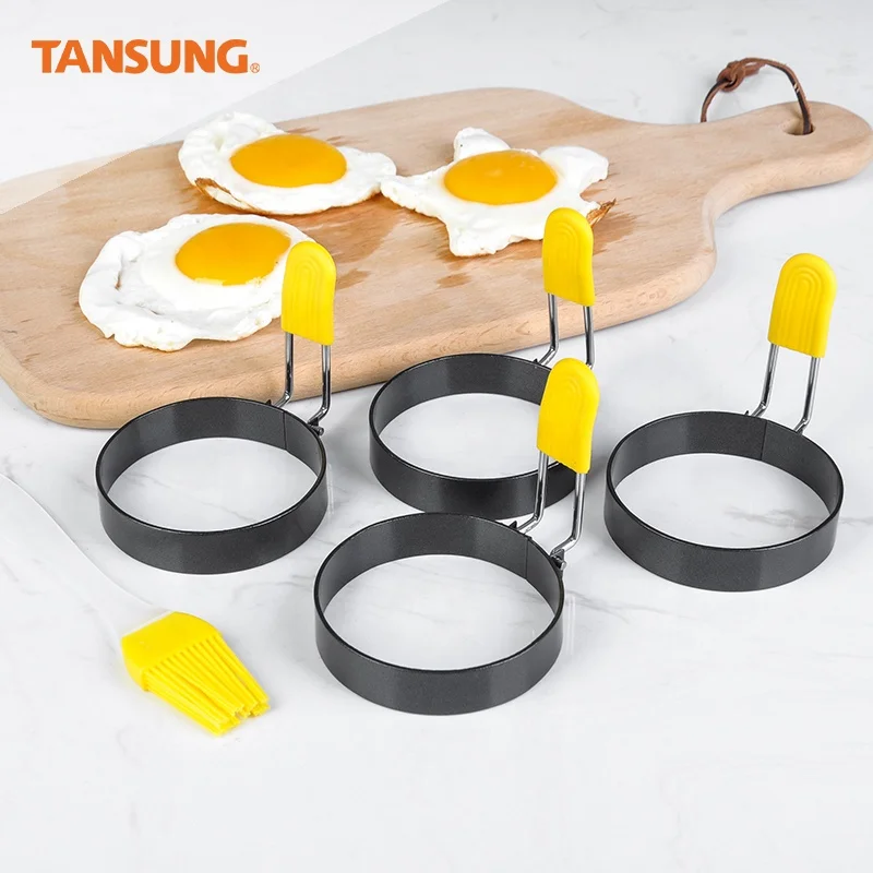 

Amazon Hot Selling Kitchen Tools 5 pcs Stainless Steel Non Stick Egg Mold Ring With Silicone Handle Household Egg Frying Rings, Black, or customized