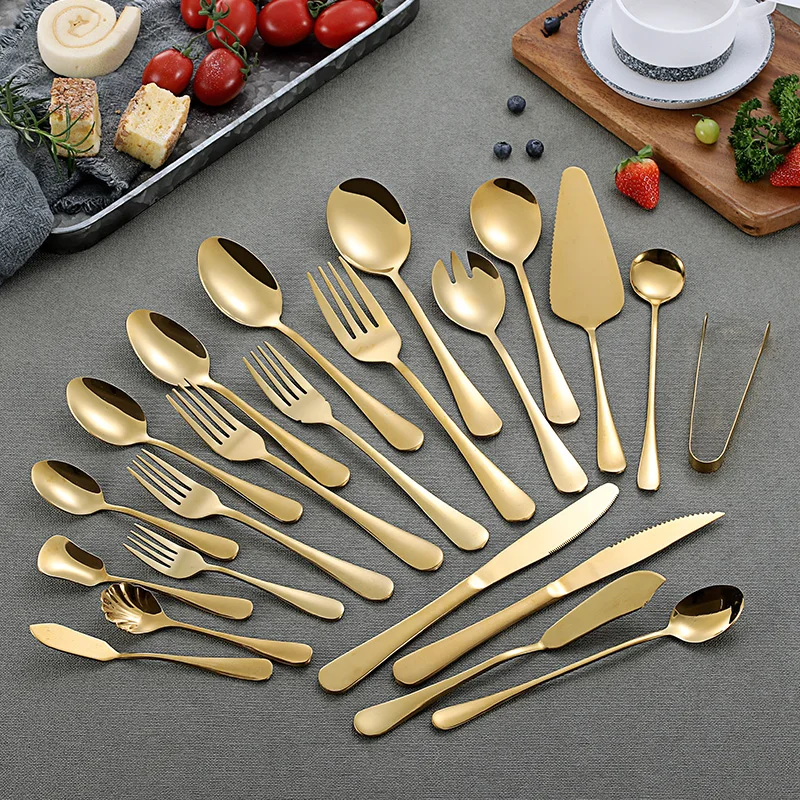 

Bulk Luxury Gold Stainless Steel Cutlery Set Service Knife Fork Spoon Serving Flatware Set
