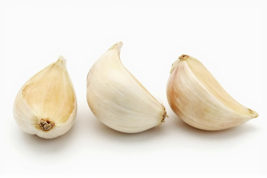 Three medium garlic cloves next to measuring spoons showing equivalent minced quantity
